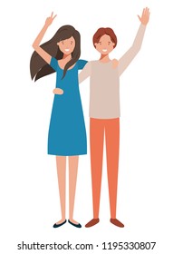 young couple with hands up avatar character