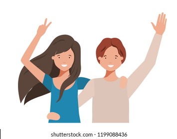 young couple with hands up avatar character