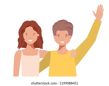 young couple with hands up avatar character