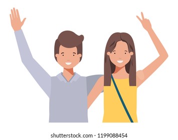 young couple with hands up avatar character