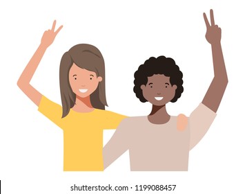 young couple with hands up avatar character