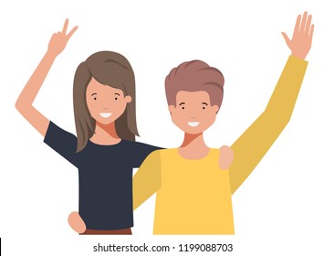 young couple with hands up avatar character