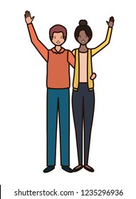 young couple with hands up avatar character