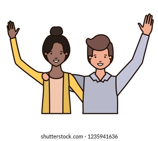 young couple with hands up avatar character