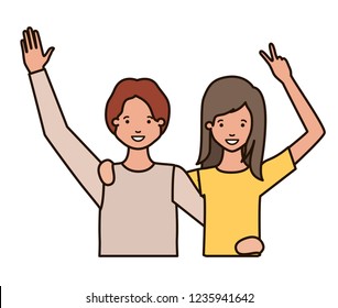 young couple with hands up avatar character
