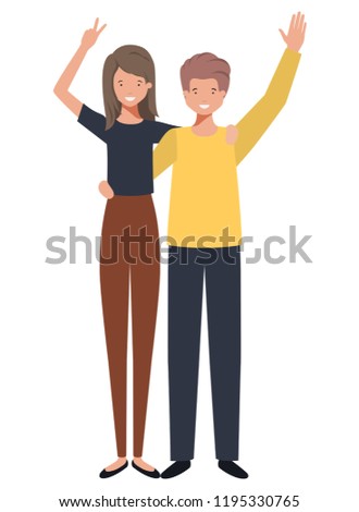 young couple with hands up avatar character
