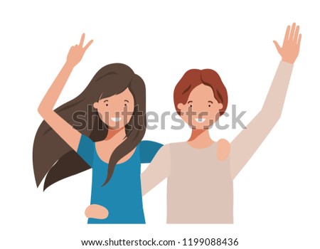 young couple with hands up avatar character