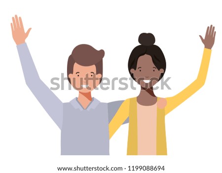 young couple with hands up avatar character