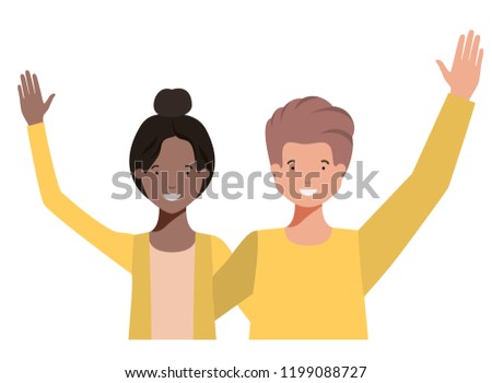 young couple with hands up avatar character
