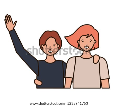 young couple with hands up avatar character