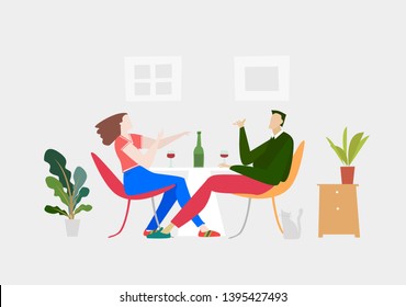 Young couple happily chatting and sharing the bottle of vine. Everyday life concept