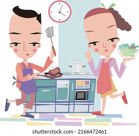 A young couple is happily cooking in the dining room.vector illustration