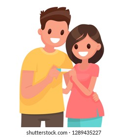 Young couple is happy about positive pregnancy test. Vector illustration in flat style