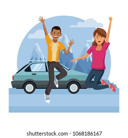 Young couple happy and jumping