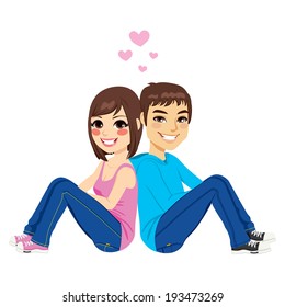 Young couple happy smiling together sitting back to back on floor