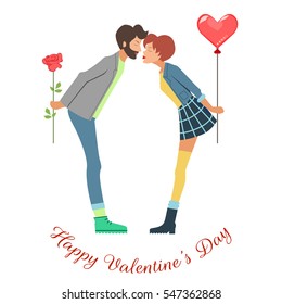 Young couple. Happy valentines day greeting card. Lovers give gifts to each other.