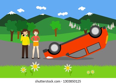 a young couple has an accident with a red car