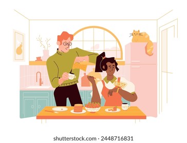 Young couple has breakfast in the morning in their apartment. Before work, a husband and wife sit in the kitchen, eat pancakes and drink coffee. A girl checks the time on a smart watch. Vector flat.