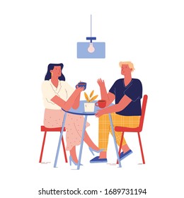 Young Couple Have Breakfast in Hotel or Home Sitting at Table Drinking Coffee and Communicate. Male and Female Married or Newlywed Characters Morning Relax Routine. Cartoon People Vector Illustration