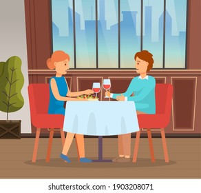 Young couple have date in restaurant. In love girl guy communicating, drinking wine, celebrate special date. Romantic people spend leisure time together. Interior with big windows, urban view outside