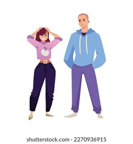 Young couple have relationship problems and on verge of breakup, flat vector illustration isolated on white. Conflicts and bad relationships in family or couple.