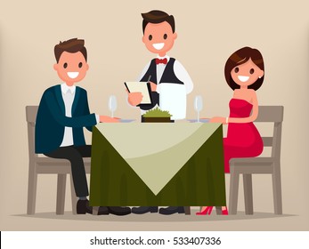 Young couple having dinner in a restaurant. Man and woman sitting at the table, the waiter takes order dishes. Vector illustration in a flat style