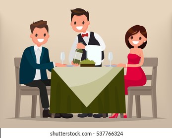 Young couple having dinner in a restaurant. Man and woman sitting at the table, the waiter shows the wine. Vector illustration in a flat style