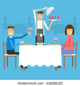 Young couple having dinner in a restaurant. A man and a woman are sitting at a table, a waiter with a banner. SALE on the tray. Vector illustration in a flat style