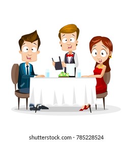 Jovem casal jantando em um restaurante. Homem e mulher sentados à mesa, o garçom lava pratos. Ilustração vetorial em estilo plano. Isolado no fundo branco
