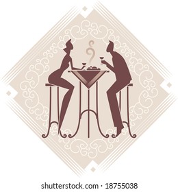 The young couple is having a dinner. Vector art. Decorative background.