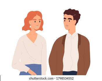 Young couple having friendly conversation vector flat illustration. Smiling man and woman talking together isolated on white. Portrait of happy people looking to each other enjoying communication