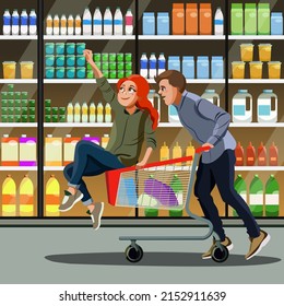 
a young couple having fun in a grocery store against the backdrop of a showcase