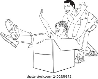 Young couple having fun with moving boxes in their new house cartoon sketch, Happy multiracial couple enjoying themselves with cardboard boxes in their new house