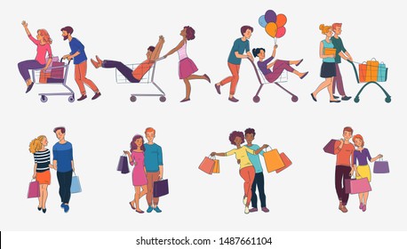 Young couple having fun with shopping cart