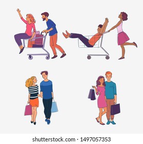 Young couple having fun with shopping cart