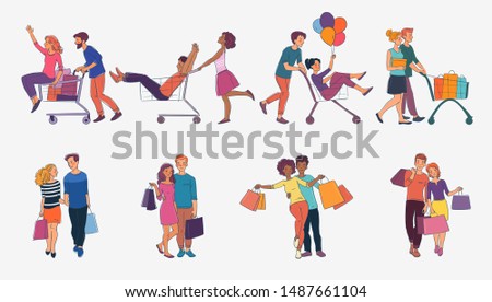 Young couple having fun with shopping cart