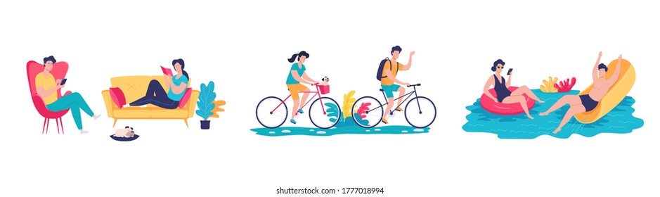 Young couple having fun time together, riding bikes and swimming