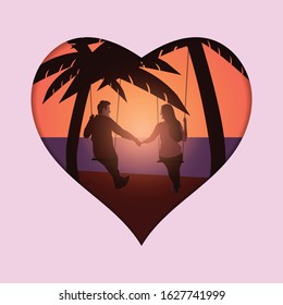 Young couple having good quality time together on tree swinger at beach sides. Vector eps10 illustration. 