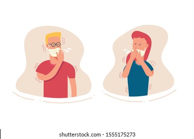 young couple having illness, symptom of influenza, health problem, sickness, woman and man with mask on face are coughing isolated on white background. flat character cartoon vector illustration