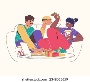 Young couple having lunch in living room. Food delivery.Flat vector illustration