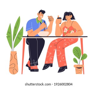 Young couple having lunch together, cartoon vector illustration isolated on white background. People eat at a restaurant or street cafe. Cartoon characters man and woman sit at the table and eat.