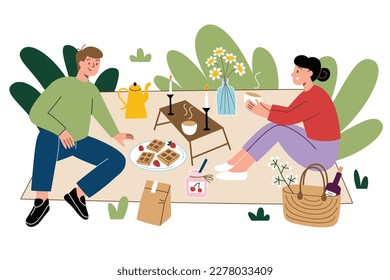 Young couple having a picnic outdoors, hand drawn composition with cartoon man and woman on date in nature, doodle icons of picnic blanket and basket, lovers relaxing outside, vector illustrations