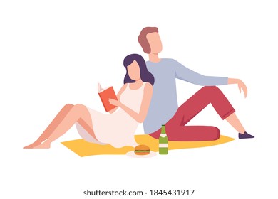 Young Couple Having Picnic in the Park, Man and Woman Relaxing Outdoors, Family Picnic, Summer Vacation, Outdoor Leisure Flat Style Vector Illustration