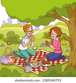 young couple having picnic in the park. Vector illustration in cartoon style.