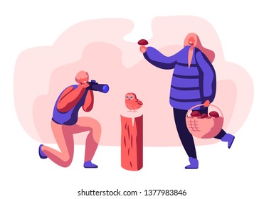 Young Couple Having Rest on Nature, Outdoor Activity. Man Making Picture of Owl, Woman Picking Up Mushrooms in Forest. People Relaxing in Countryside, Leisure, Hobby. Cartoon Flat Vector Illustration