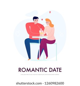 Young couple having romantic date in cafe flat vector illustration