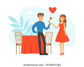 Young Couple Having Romantic Date in Cafe, Man and Woman in love Celebrating Valentines Day Cartoon Vector Illustration