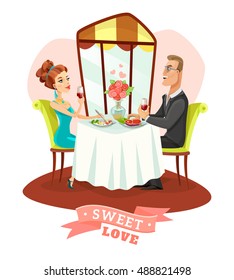 Young couple having romantic dinner and drinking vine in restaurant interior flat vector illustration