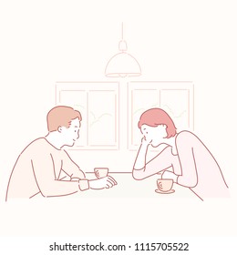 A young couple and a young couple are having a tea break, facing each other kindly. hand drawn style vector doodle design illustrations.