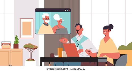 young couple having virtual meeting with grandparents during video call family chat online communication concept portrait horizontal vector illustration